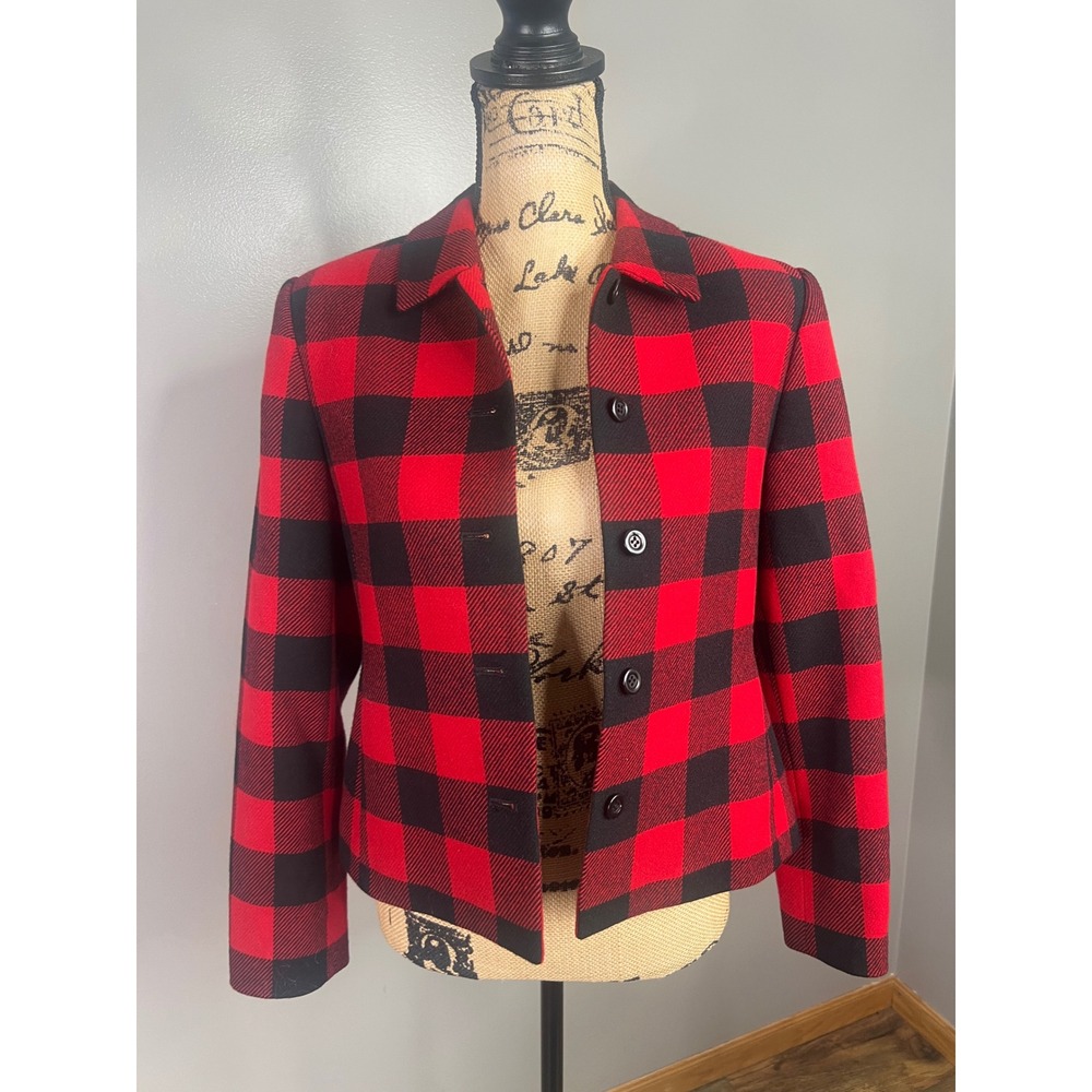 90's Valerie Stevens Petites Red Black Buffalo Plaid Wool Blazer Jacket 6P